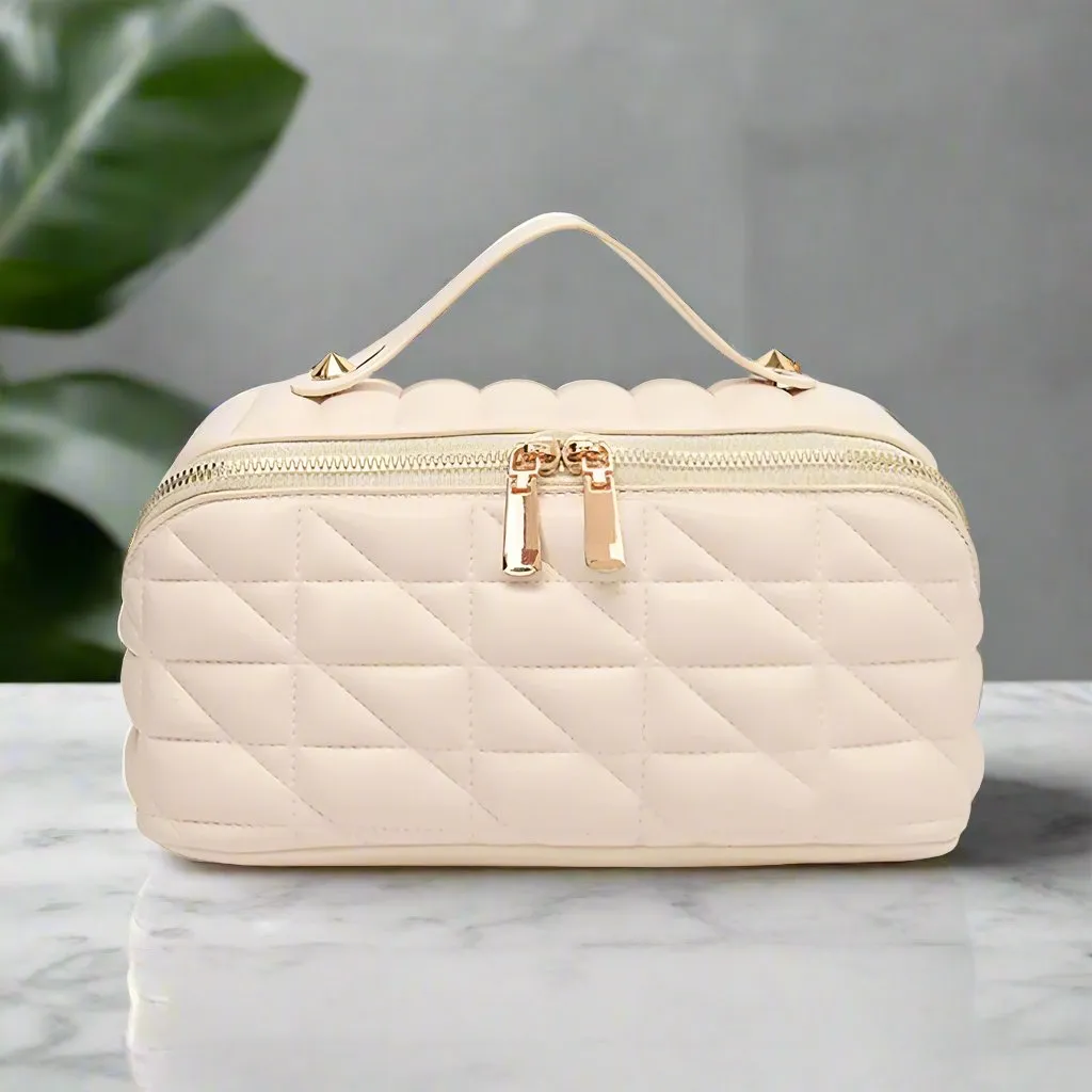 White Quilted Vegan Leather Travel Makeup Bag