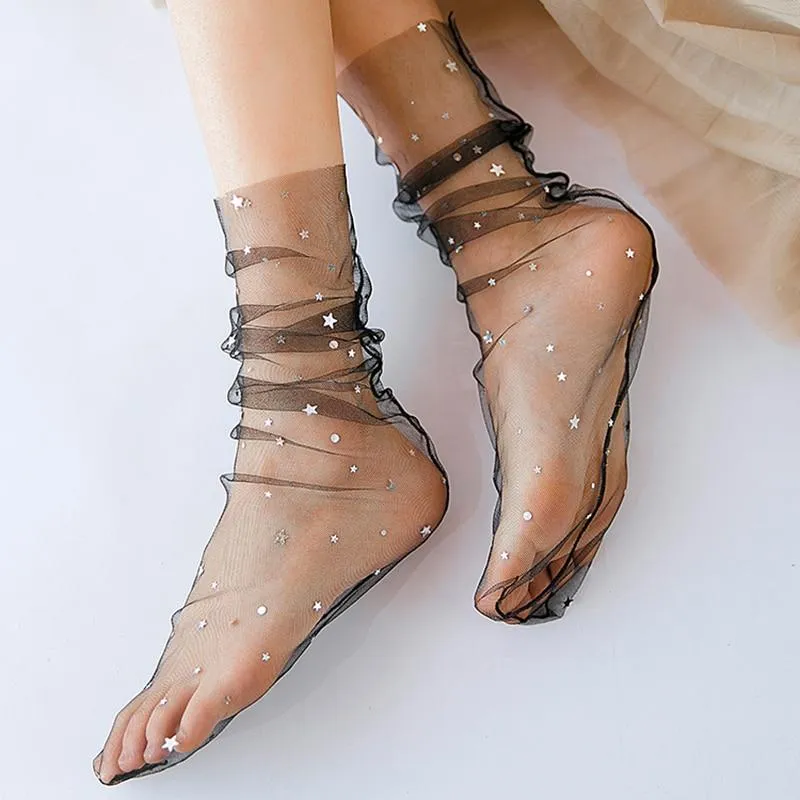 Women Fashion Star Moon Tulle Transparent Ultra-Thin Chiffon Socks