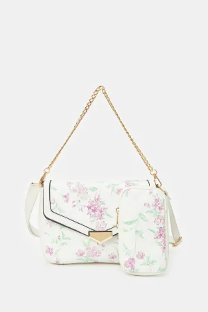 Women White Floral Print Cross Body Bag