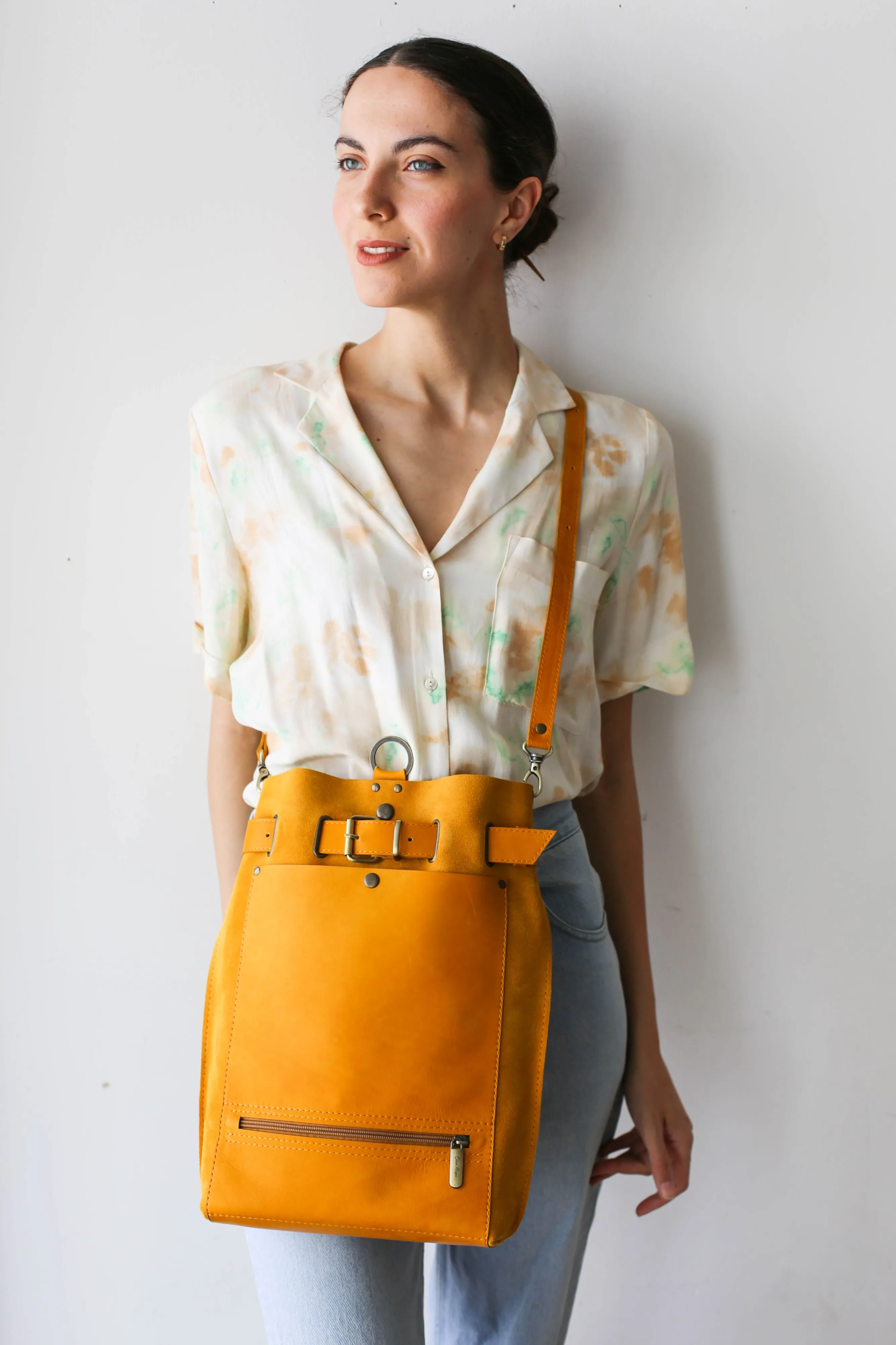 Yellow Suede Leather Backpack Purse