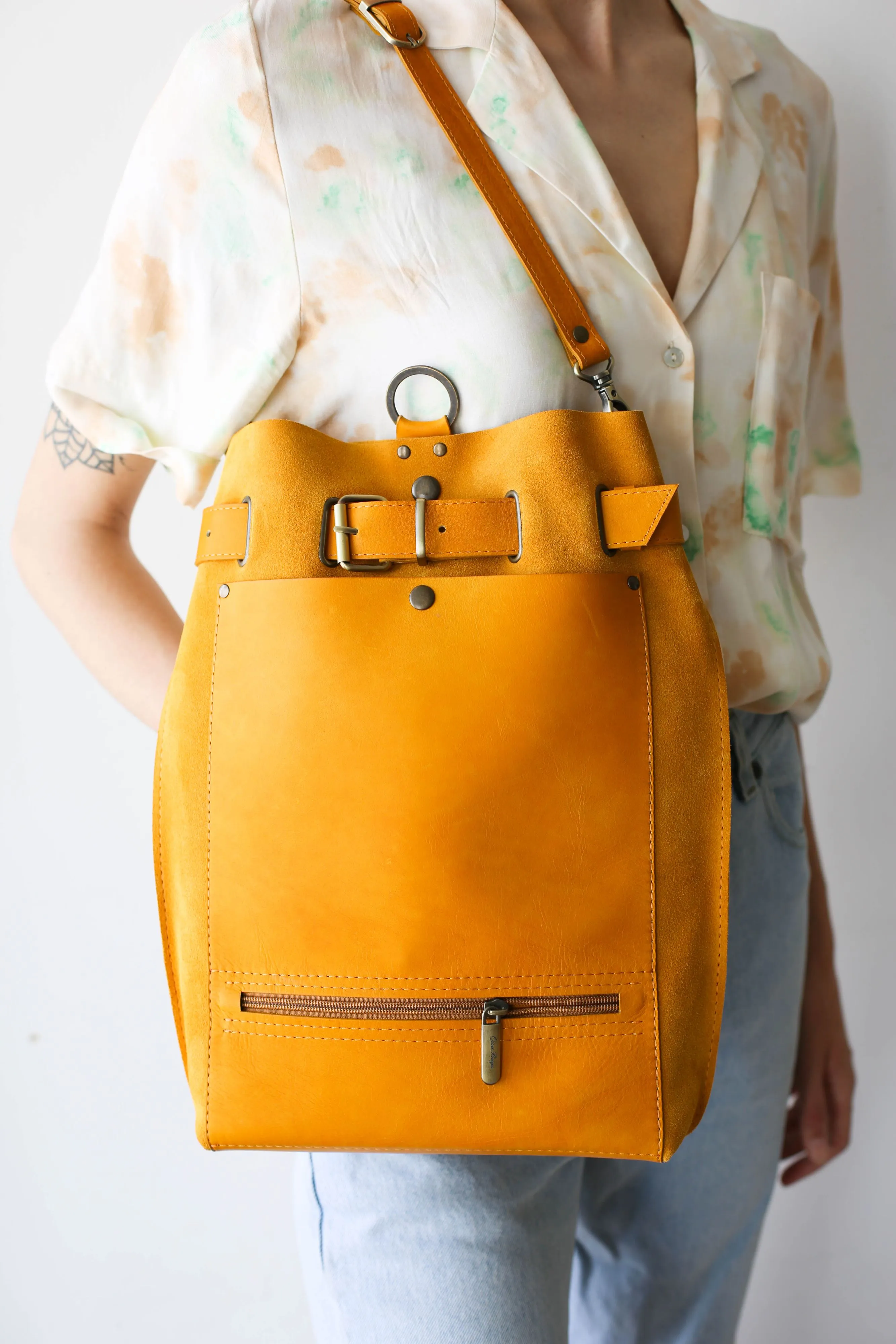 Yellow Suede Leather Backpack Purse